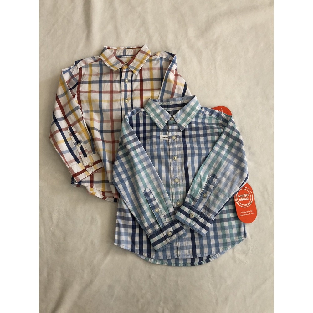 Lot Of Two Wonder Nation Tops 2T Long Sleeve Button-Up Shirt Gingham Plaid Flaw